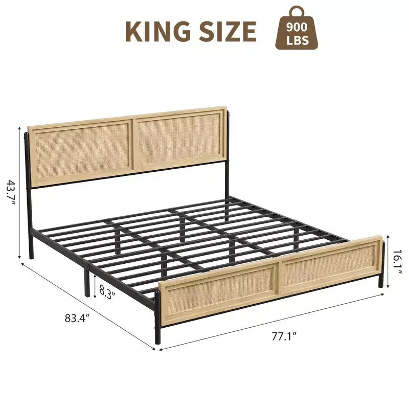 Struttura Letto Matrimoniale King Size in Legno Naturale con Testiera in Rattan, Stile Bohemien, Nessuna Rete a Molle Necessaria