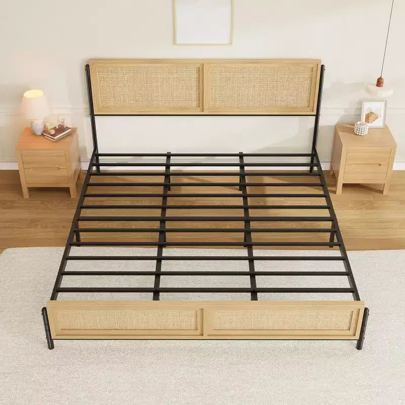 Struttura Letto Matrimoniale King Size in Legno Naturale con Testiera in Rattan, Stile Bohemien, Nessuna Rete a Molle Necessaria