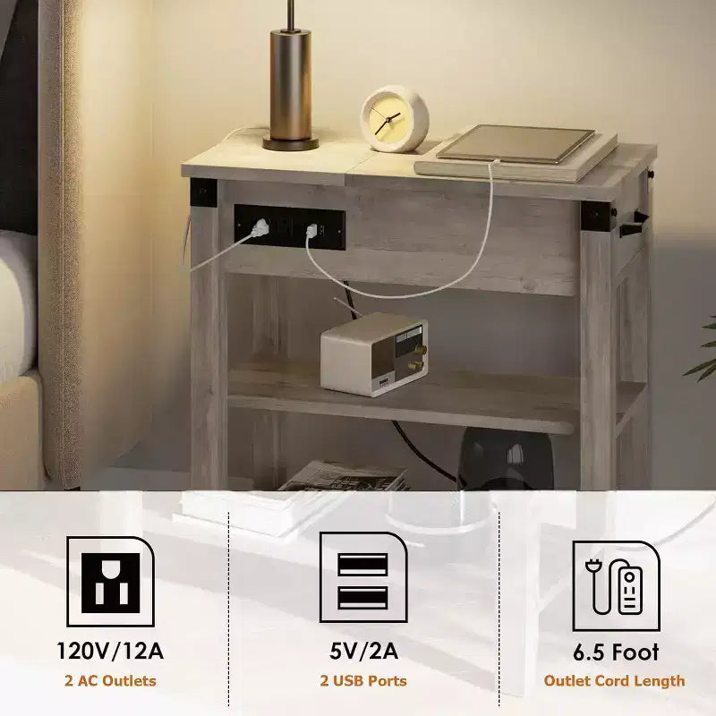Tavolino da Divano con Stazione di Ricarica, Tavolino Laterale Ribaltabile con Porte USB e Prese di Corrente, Tavolino da Letto con Ripiani Contenitore per Piccoli Spazi