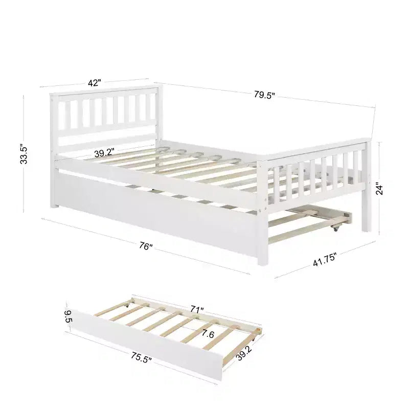 Letto a Piattaforma Gemello con Letto Estraibile, Struttura in Legno di Pino