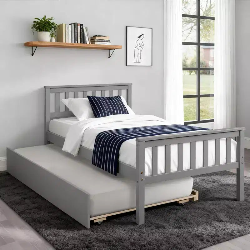 Letto a Piattaforma Gemello con Letto Estraibile, Struttura in Legno di Pino