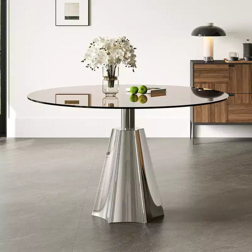 GDFStudio Afton Mid-Century Modern Round Dining Table with Tempered Glass Top and Silver Flared Base