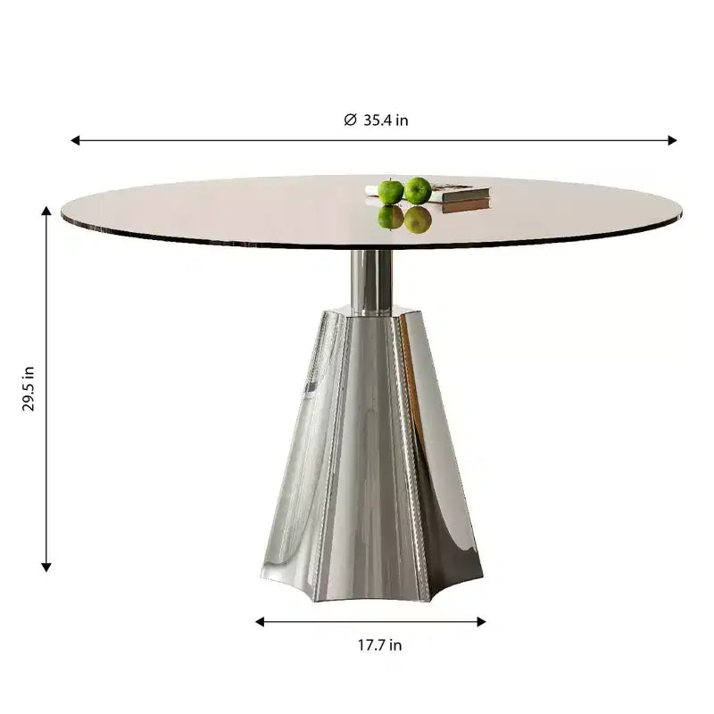 Tavolo da pranzo rotondo Mid-Century da 35 pollici, piano in vetro temperato e base svasata color argento