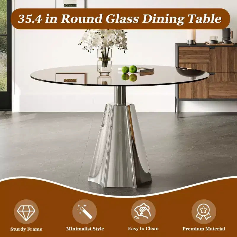 Tavolo da pranzo rotondo Mid-Century da 35 pollici, piano in vetro temperato e base svasata color argento