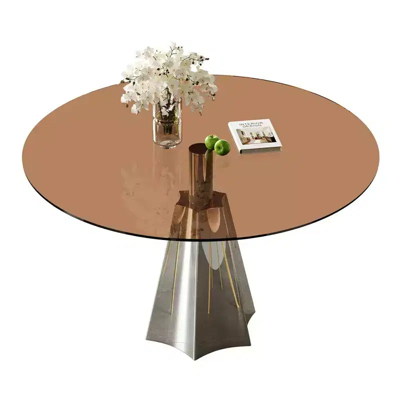 Tavolo da pranzo rotondo Mid-Century da 35 pollici, piano in vetro temperato e base svasata color argento