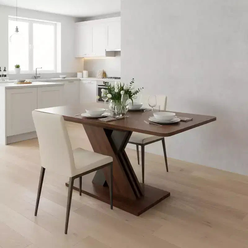 Tavolo da pranzo rettangolare allungabile con base a X, noce, 6 posti a sedere