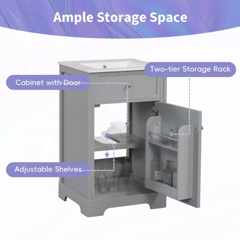 Mobile bagno da 50 cm con lavabo, anta con chiusura ammortizzata, portaoggetti e ripiano regolabile