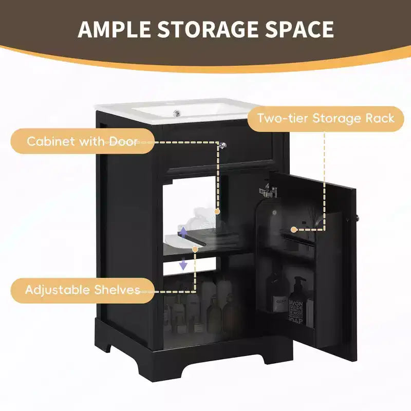 Mobile bagno da 50 cm con lavabo, anta con chiusura ammortizzata, portaoggetti e ripiano regolabile