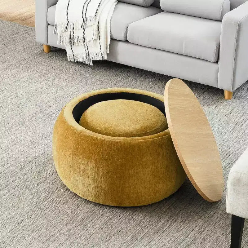 Pouf contenitore rotondo Tavolino e poggiapiedi 2 in 1, diametro 63,5 cm, nessun assemblaggio richiesto