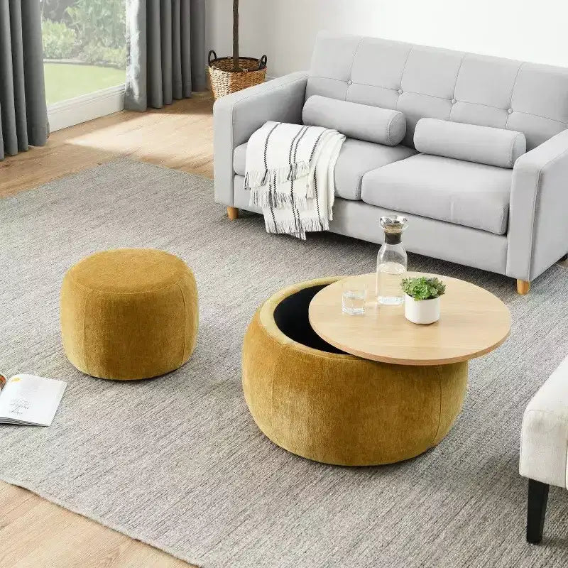 Pouf contenitore rotondo Tavolino e poggiapiedi 2 in 1, diametro 63,5 cm, nessun assemblaggio richiesto