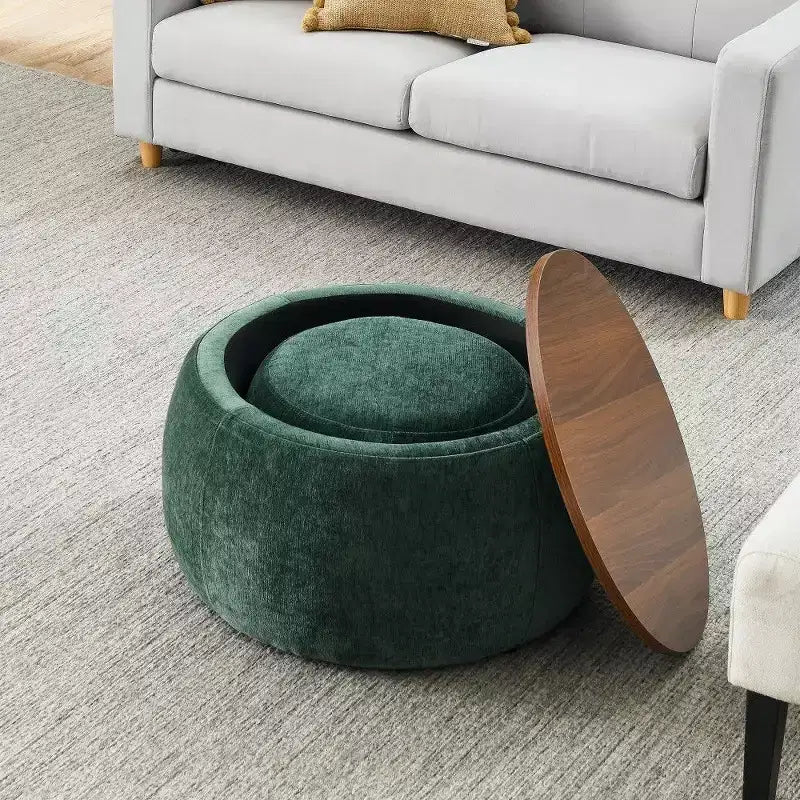 Pouf contenitore rotondo Tavolino e poggiapiedi 2 in 1, diametro 63,5 cm, nessun assemblaggio richiesto