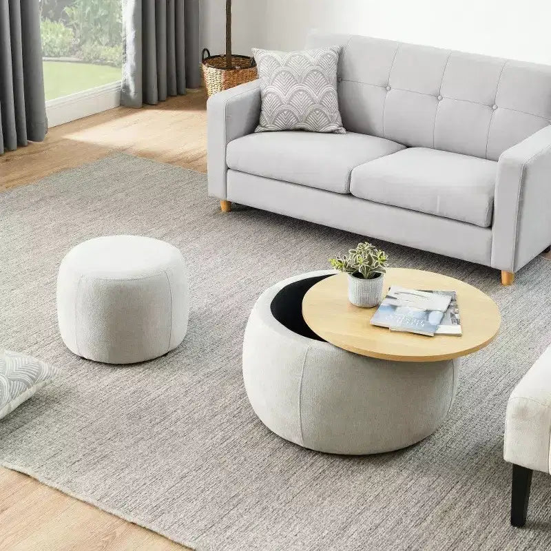 Pouf contenitore rotondo Tavolino e poggiapiedi 2 in 1, diametro 63,5 cm, nessun assemblaggio richiesto
