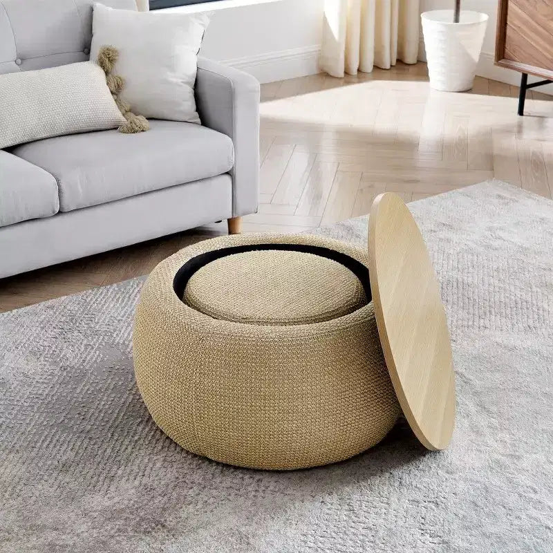 Pouf contenitore rotondo Tavolino e poggiapiedi 2 in 1, diametro 63,5 cm, nessun assemblaggio richiesto