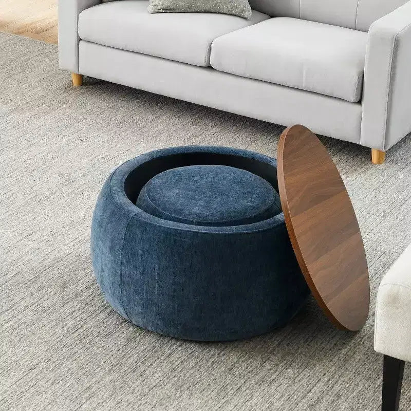 Pouf contenitore rotondo Tavolino e poggiapiedi 2 in 1, diametro 63,5 cm, nessun assemblaggio richiesto