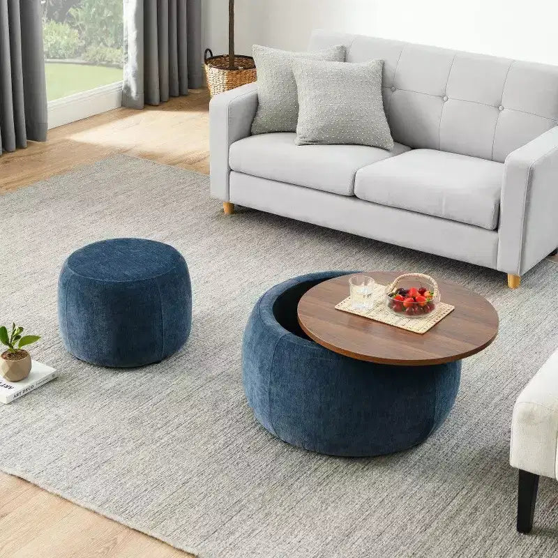 Pouf contenitore rotondo Tavolino e poggiapiedi 2 in 1, diametro 63,5 cm, nessun assemblaggio richiesto