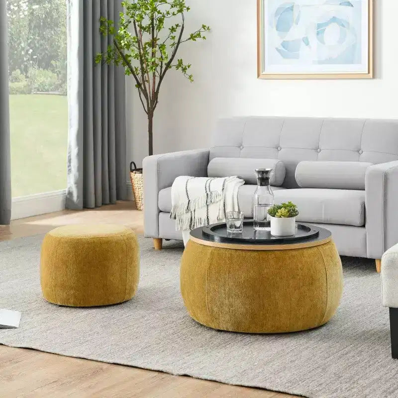 Pouf contenitore rotondo Tavolino e poggiapiedi 2 in 1, diametro 63,5 cm, nessun assemblaggio richiesto
