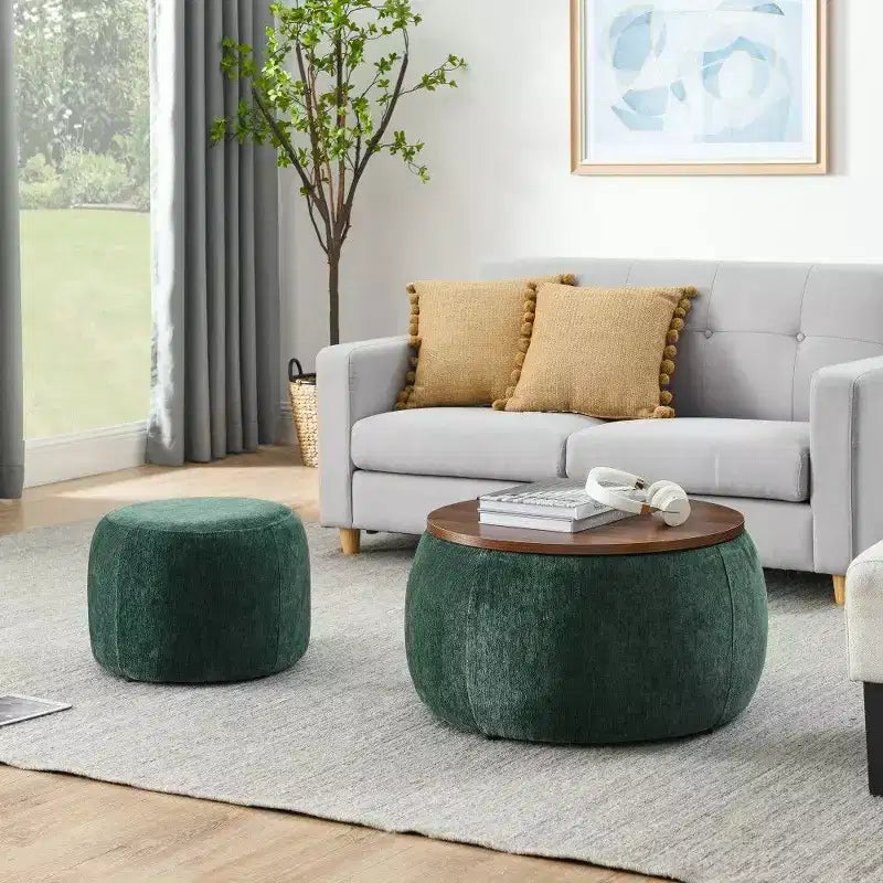 Pouf contenitore rotondo Tavolino e poggiapiedi 2 in 1, diametro 63,5 cm, nessun assemblaggio richiesto