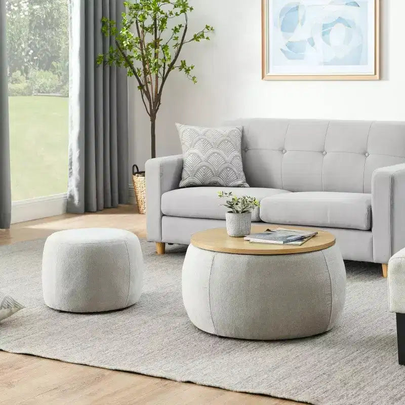 Pouf contenitore rotondo Tavolino e poggiapiedi 2 in 1, diametro 63,5 cm, nessun assemblaggio richiesto