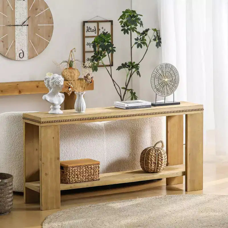 Tavolo Consolle Stretto in Stile Rustico da 160 cm per Ingresso con Ripiano Contenitore e Finiture con Perline Intagliate