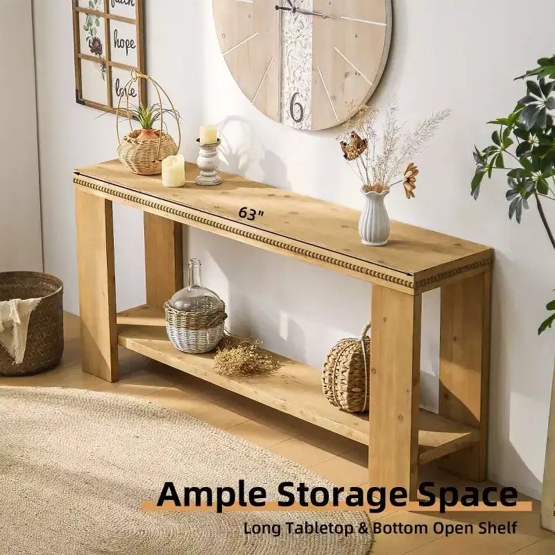 Tavolo Consolle Stretto in Stile Rustico da 160 cm per Ingresso con Ripiano Contenitore e Finiture con Perline Intagliate