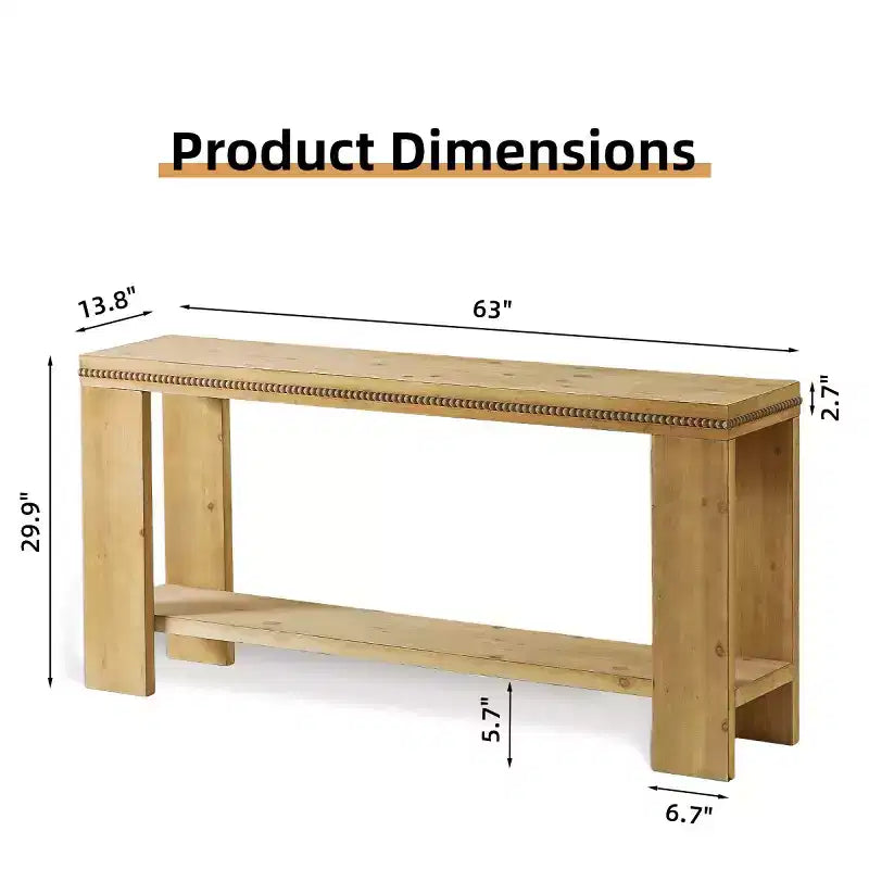 Tavolo Consolle Stretto in Stile Rustico da 160 cm per Ingresso con Ripiano Contenitore e Finiture con Perline Intagliate