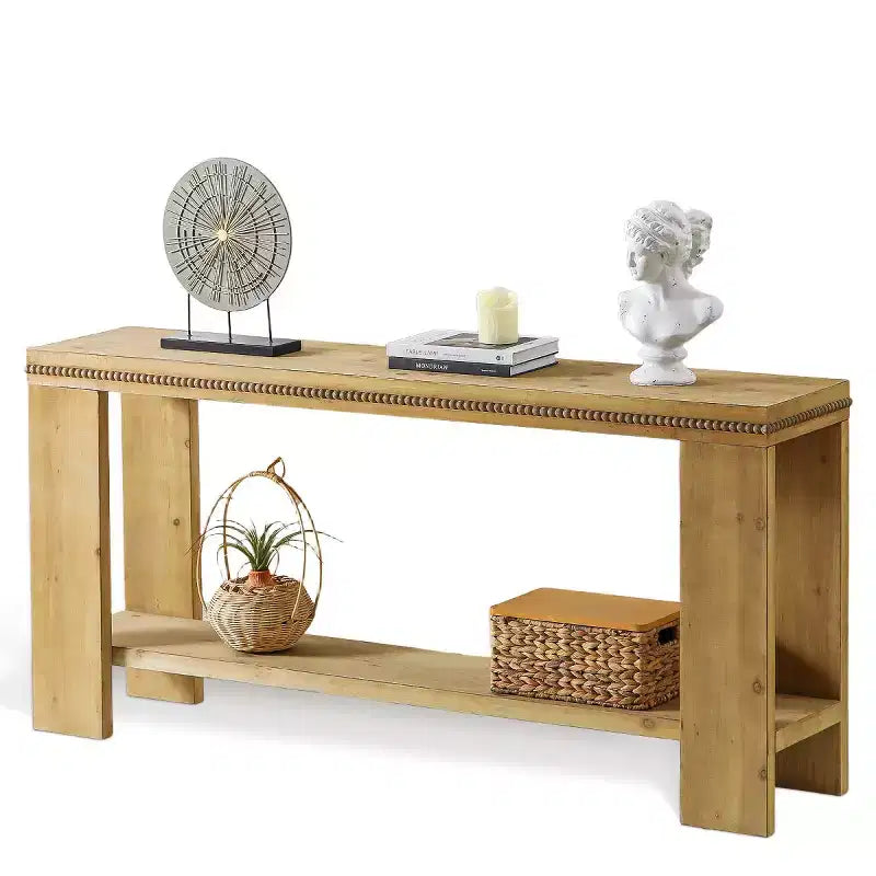 Tavolo Consolle Stretto in Stile Rustico da 160 cm per Ingresso con Ripiano Contenitore e Finiture con Perline Intagliate