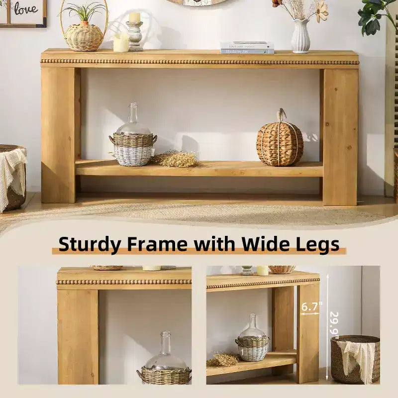 Tavolo Consolle Stretto in Stile Rustico da 160 cm per Ingresso con Ripiano Contenitore e Finiture con Perline Intagliate