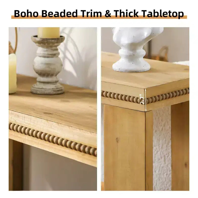 Tavolo Consolle Stretto in Stile Rustico da 160 cm per Ingresso con Ripiano Contenitore e Finiture con Perline Intagliate