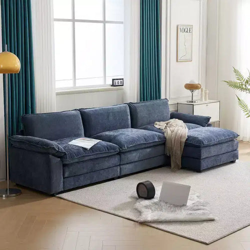 Divano moderno a L a 3 posti con braccioli e piano imbottito da 120 pollici, colore beige con pouf