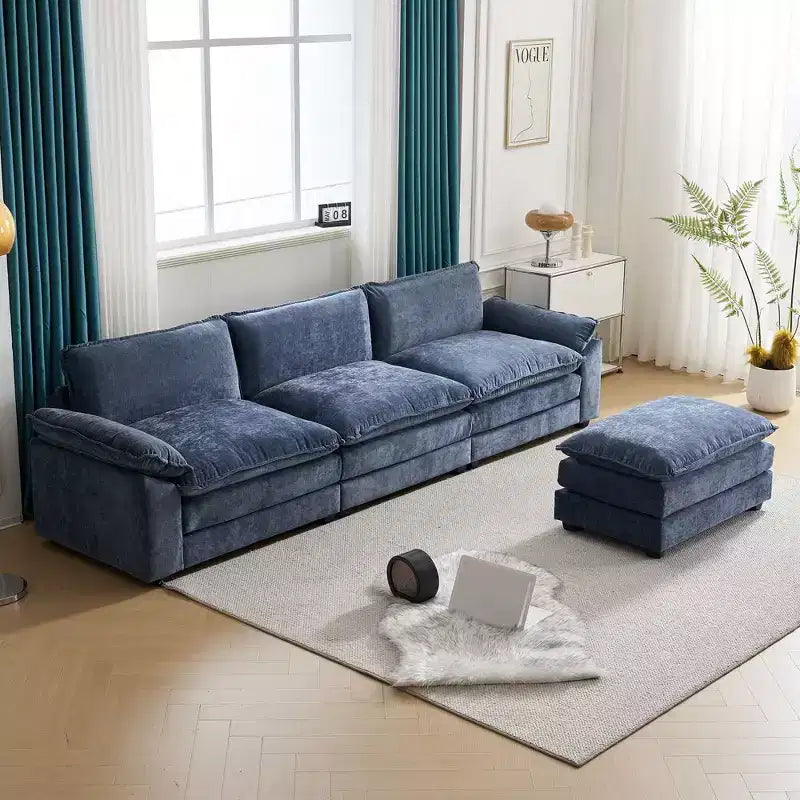 Divano moderno a L a 3 posti con braccioli e piano imbottito da 120 pollici, colore beige con pouf