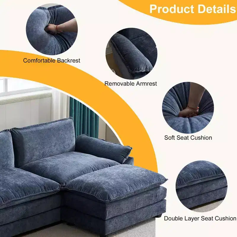 Divano moderno a L a 3 posti con braccioli e piano imbottito da 120 pollici, colore beige con pouf