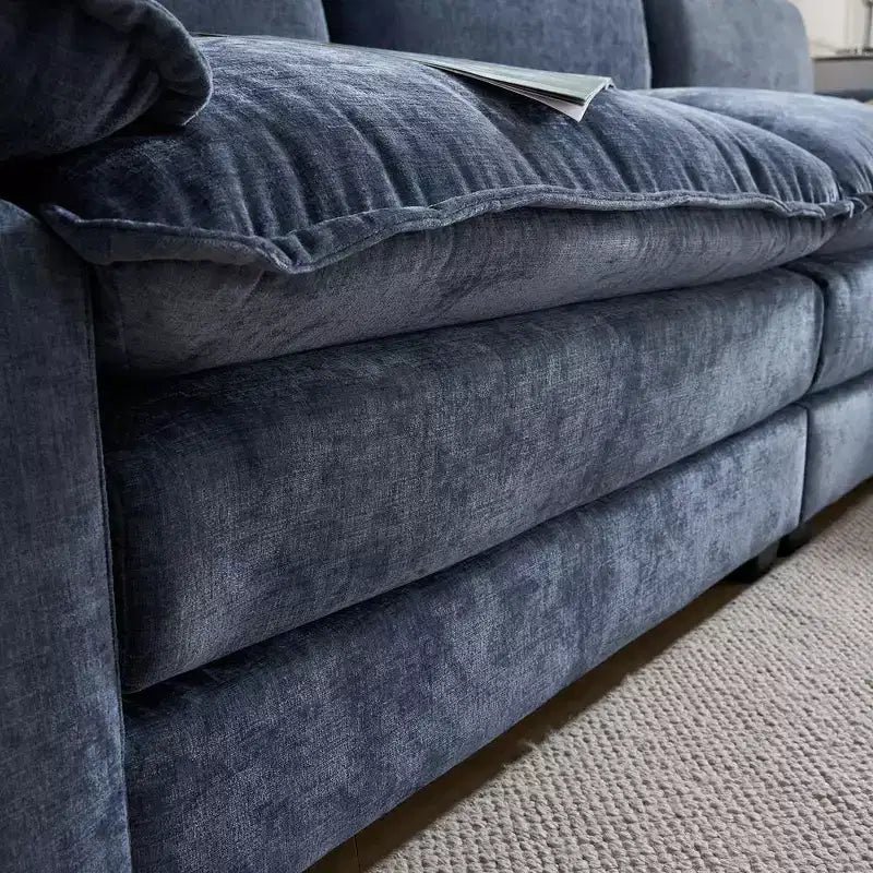 Divano moderno a L a 3 posti con braccioli e piano imbottito da 120 pollici, colore beige con pouf