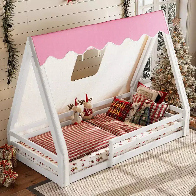 Letto a pavimento a forma di casetta Montessori per materasso singolo/una piazza e mezza con striscia luminosa e sponde a tutta lunghezza