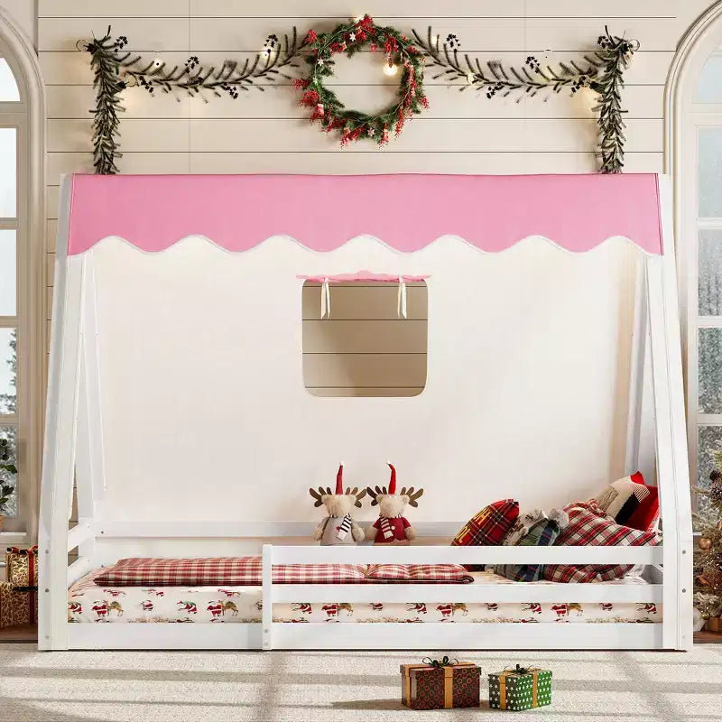 Letto a pavimento a forma di casetta Montessori per materasso singolo/una piazza e mezza con striscia luminosa e sponde a tutta lunghezza