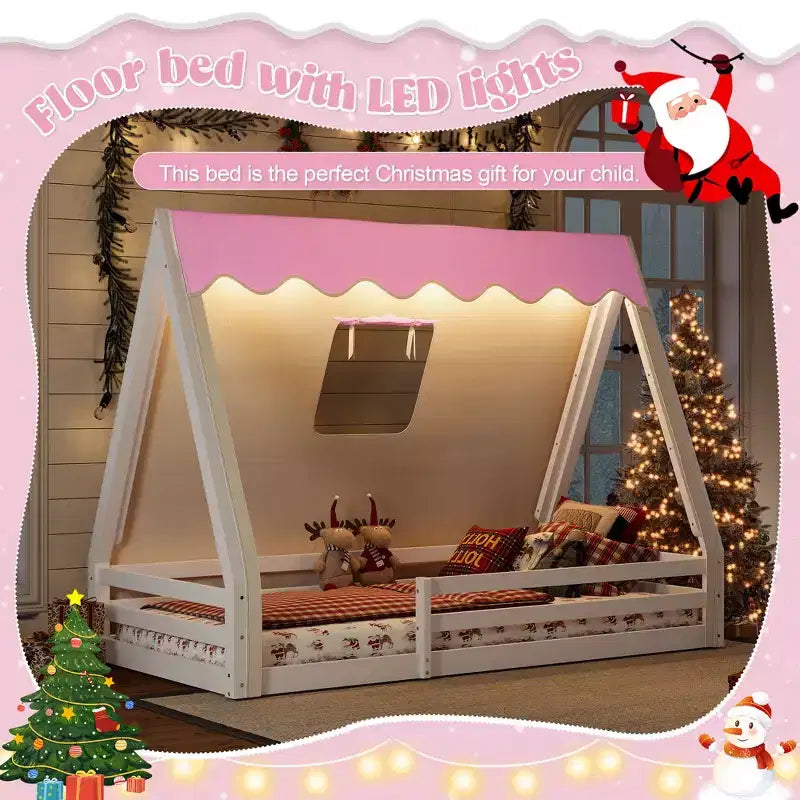 Letto a pavimento a forma di casetta Montessori per materasso singolo/una piazza e mezza con striscia luminosa e sponde a tutta lunghezza