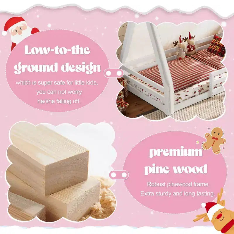 Letto a pavimento a forma di casetta Montessori per materasso singolo/una piazza e mezza con striscia luminosa e sponde a tutta lunghezza