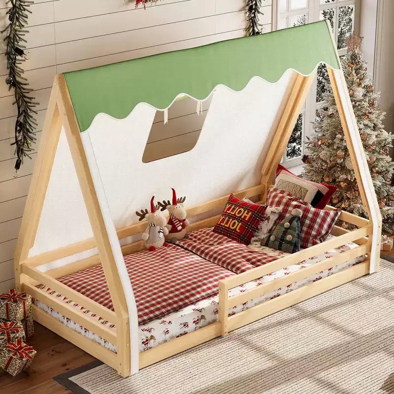 Letto a pavimento a forma di casetta Montessori per materasso singolo/una piazza e mezza con striscia luminosa e sponde a tutta lunghezza