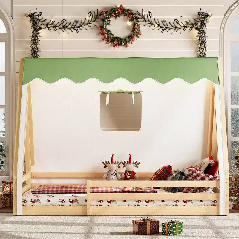 Letto a pavimento a forma di casetta Montessori per materasso singolo/una piazza e mezza con striscia luminosa e sponde a tutta lunghezza