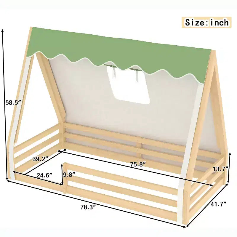 Letto a pavimento a forma di casetta Montessori per materasso singolo/una piazza e mezza con striscia luminosa e sponde a tutta lunghezza