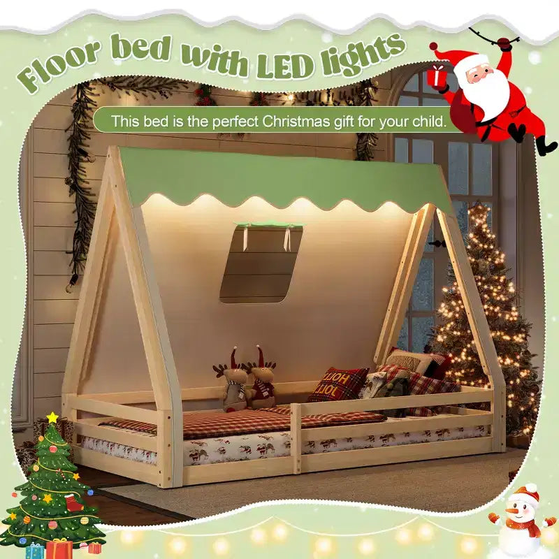 Letto a pavimento a forma di casetta Montessori per materasso singolo/una piazza e mezza con striscia luminosa e sponde a tutta lunghezza
