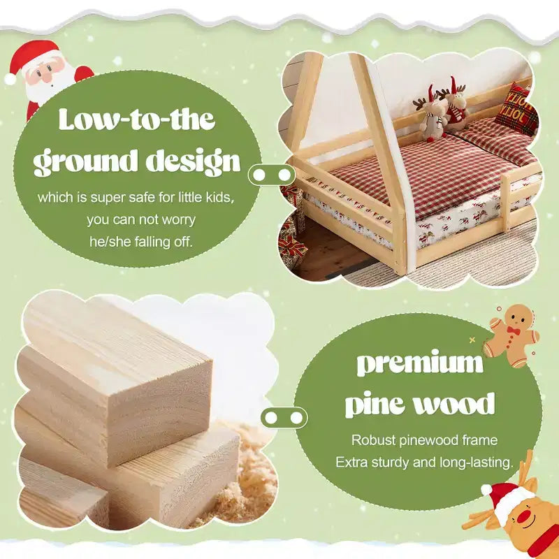Letto a pavimento a forma di casetta Montessori per materasso singolo/una piazza e mezza con striscia luminosa e sponde a tutta lunghezza
