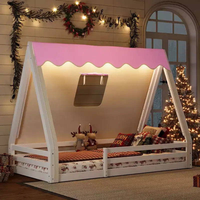 Letto a pavimento a forma di casetta Montessori per materasso singolo/una piazza e mezza con striscia luminosa e sponde a tutta lunghezza