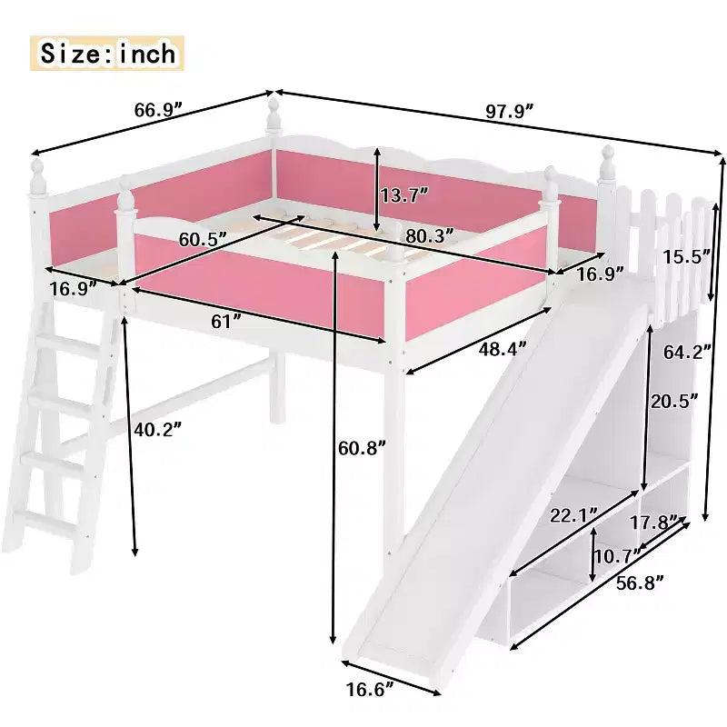 Letto a soppalco Queen con ringhiera, mensole, armadietto, scivolo e scale staccabili