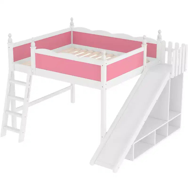Letto a soppalco Queen con ringhiera, mensole, armadietto, scivolo e scale staccabili