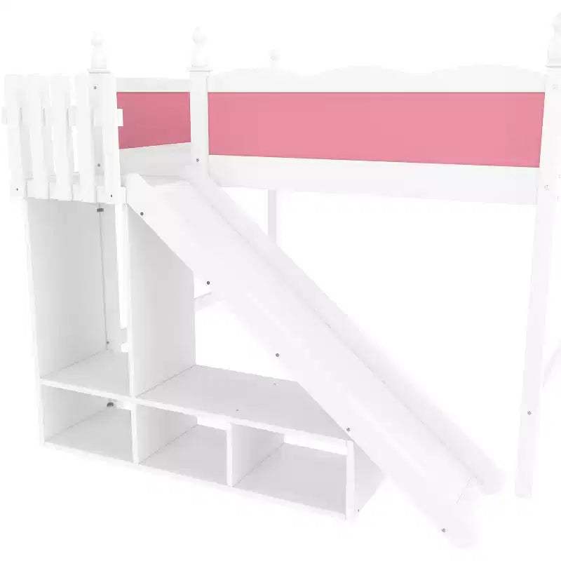 Letto a soppalco Queen con ringhiera, mensole, armadietto, scivolo e scale staccabili