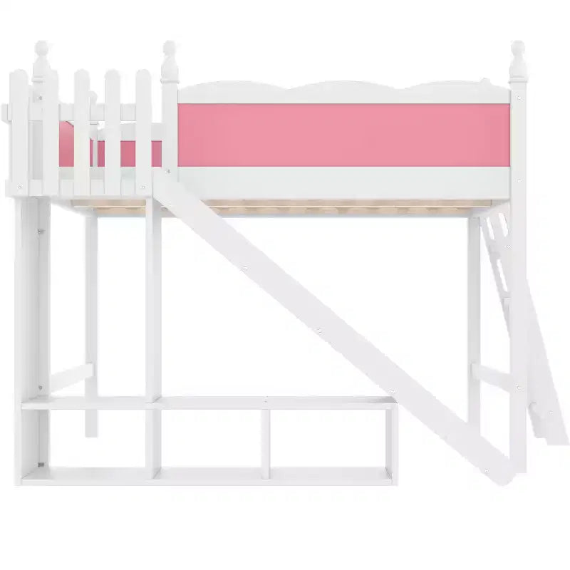 Letto a soppalco Queen con ringhiera, mensole, armadietto, scivolo e scale staccabili