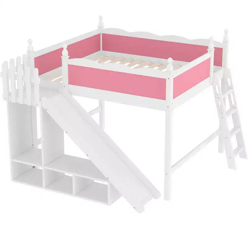 Letto a soppalco Queen con ringhiera, mensole, armadietto, scivolo e scale staccabili