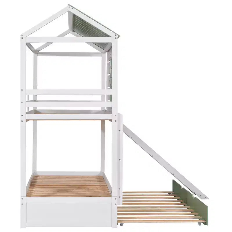 Letto a Castello a Casetta per Bambini, da Una Piazza e Mezza, con Scivolo Convertibile, Letto Estraibile e Sponde, Bianco+Verde