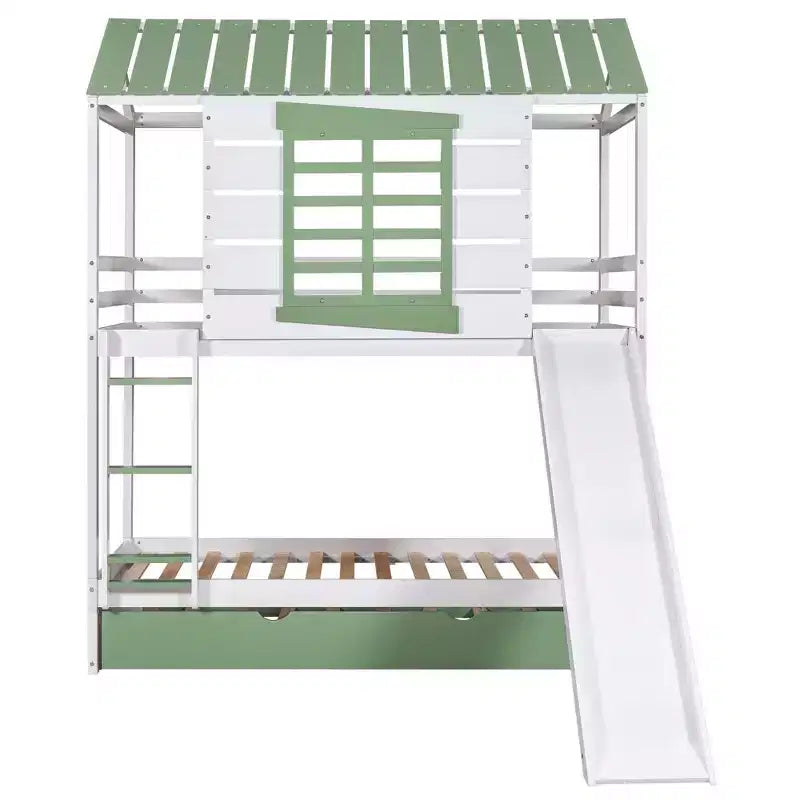 Letto a Castello a Casetta per Bambini, da Una Piazza e Mezza, con Scivolo Convertibile, Letto Estraibile e Sponde, Bianco+Verde