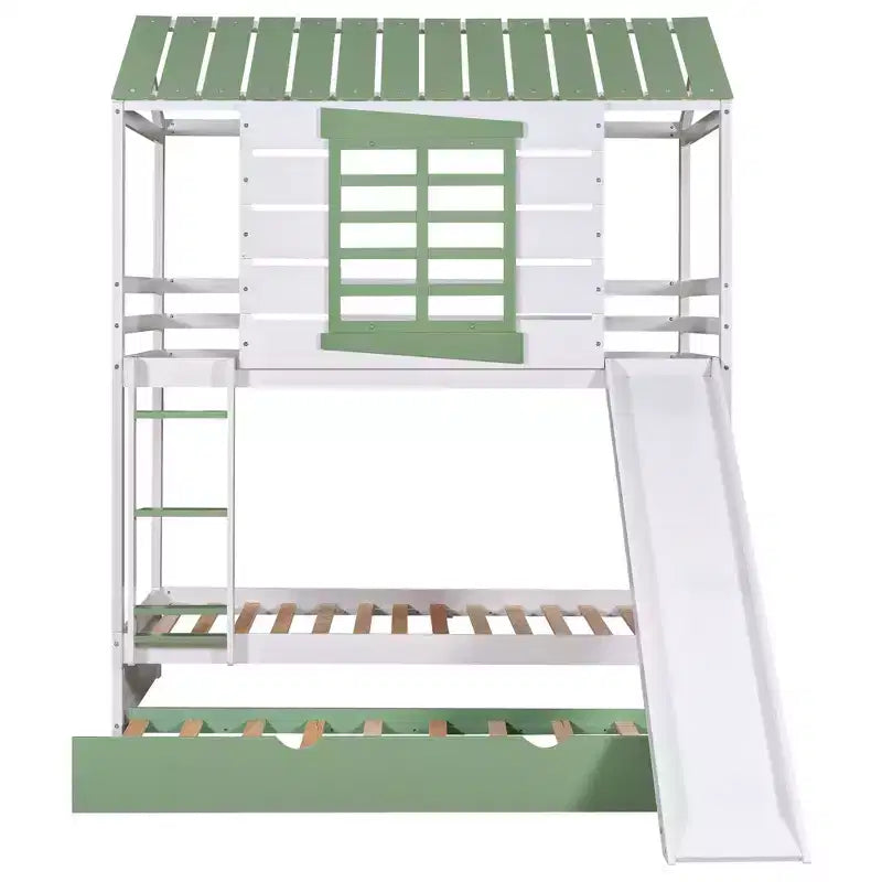 Letto a Castello a Casetta per Bambini, da Una Piazza e Mezza, con Scivolo Convertibile, Letto Estraibile e Sponde, Bianco+Verde